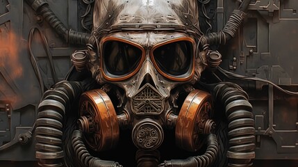 AI generated illustration of an industrial-style gas mask with protective goggles