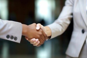 AI generated image of businesswomen in formal attire shaking hands in a corporate lobby setting