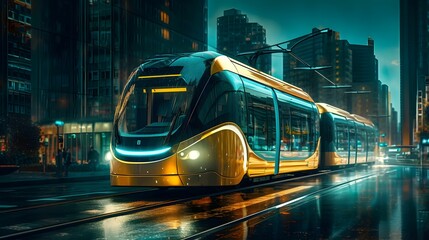 Obraz premium AI generated illuminated yellow tram passing a large building and the illuminated street at night