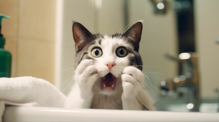 AI-generated illustration of A surprised cat peers intently into the camera lens