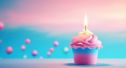 Colorful birthday cupcake with a burning candle. AI-generated. - obrazy, fototapety, plakaty