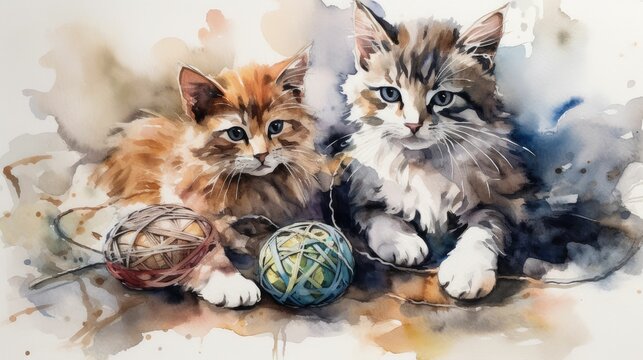 AI Generated Illustration Of Adorable Playful Kittens Playing With Colorful Yarns - Watercolor Style