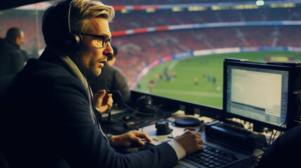 a Professional football commentator of the football match. - obrazy, fototapety, plakaty