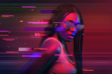 Portrait of fashion young girl in cool sunglasses in red and blue neon light in the studio. Glitch...