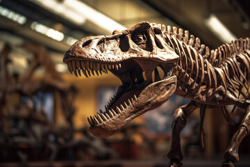 a T-Rex dinosaur skeleton in a museum.