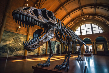 a T-Rex dinosaur skeleton in a museum.