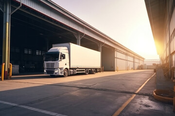 A white freight trucks park front the warehouse. industrial of logistics and goods storage concept.