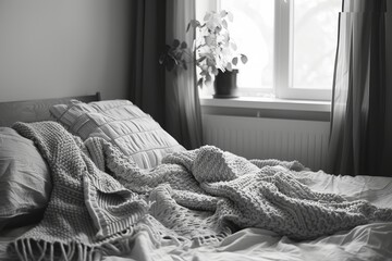 Black and White Photo of a Blanket on a Bed