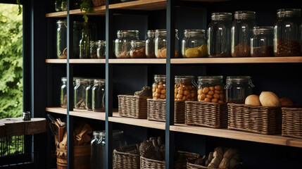 Fototapeta na wymiar Organization of food storage. Cozy pantry with glass jars and wicker baskets. Dark colour palette. Generative AI