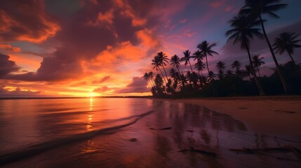 AI generated illustration of an Idyllic beach with rows of palm trees silhouetted against a sunset
