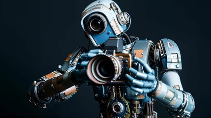 AI generated illustration of a futuristic robot with a camera lens head holding a camera