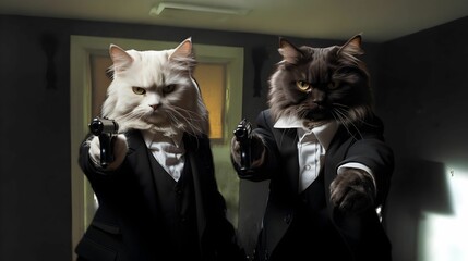 two cats dressed in suits with pistols, one cat wearing a suit and the other - obrazy, fototapety, plakaty