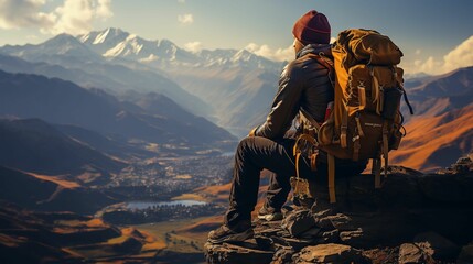 a man with backpack sitting on a cliff looking down at a mountain range