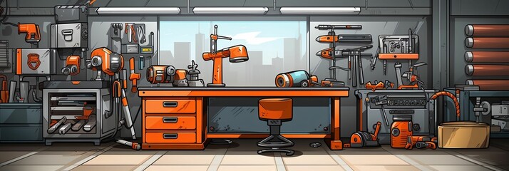 an industrial tool room with tools on the desk and work bench - obrazy, fototapety, plakaty