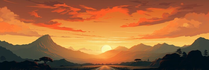 AI generated illustration of an empty highway with no cars in sight during a sunset