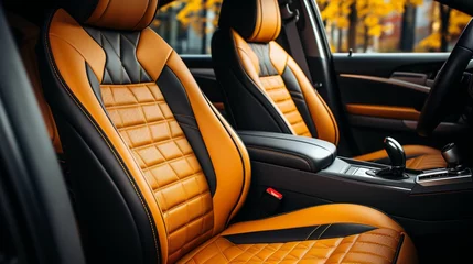 Deurstickers interior of a sleek sports car featuring black and orange leather upholstered front seats © Wirestock
