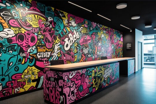 AI-generated illustration of a building interior with a colorful wall with graffiti art.
