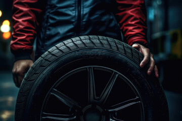 Fototapeta premium Close up hand of Car tire service and hands of mechanic holding new tyre.