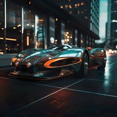 AI generated illustration of a sleek and modern sports car illuminated in the night cityscape