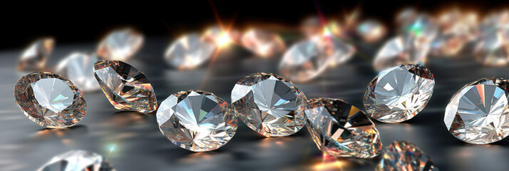 Close up of Brilliant cut diamonds sparkle intensely, scattered on a reflective surface with a soft focus on the background. - obrazy, fototapety, plakaty