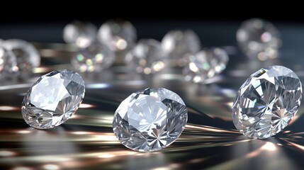 Close up of Brilliant cut diamonds sparkle intensely, scattered on a reflective surface with a soft focus on the background.