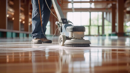 Close up of worker polishing hard floor with high speed polishing machine. - obrazy, fototapety, plakaty