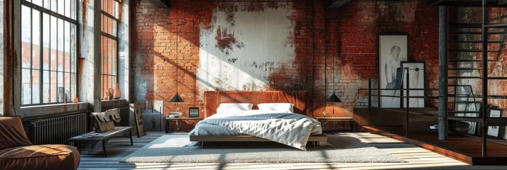 Fotobehang Industrial Chic Bedroom Design: Double Bed with Exposed Brick Wall and Red Accents © AIGen