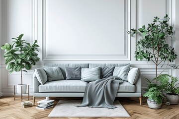 Neutral Living Room Interior with Sofa, Plants and Plaid on Empty White Wall Background