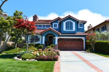 Northwest Style Home: Captivating Curb Appeal with Blue Exterior and Red Roof - obrazy, fototapety, plakaty