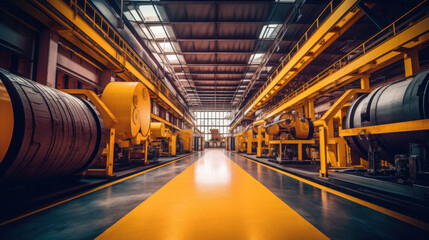 industrial factory with machinery and a yellow guided pathway. modern factory.
