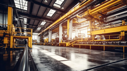 Fototapeta premium industrial factory with machinery and a yellow guided pathway. modern factory.