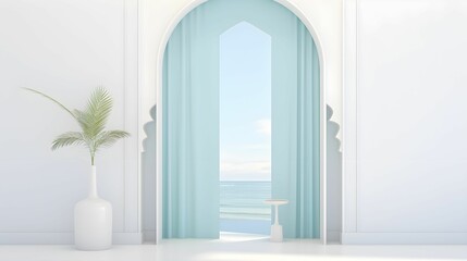 Vibrant living space with an open entryway and light blue sheer curtains, AI-generated.