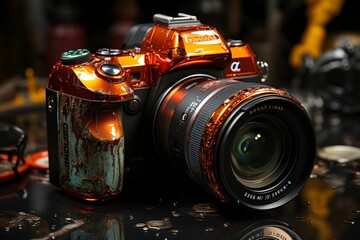 Fototapeta na wymiar AI generated illustration of a black digital camera covered with orange paint