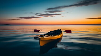 Yellow kayak floating on tranquil water at dusk, AI-generated.