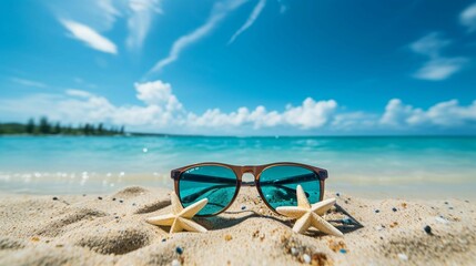 Fototapeta na wymiar AI generated illustration of a pair of stylish sunglasses lying on a beach