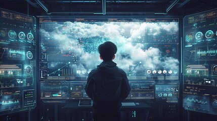 Obraz premium A technician stands before a massive display of cloud computing data analytics, managing and interpreting complex information flows.