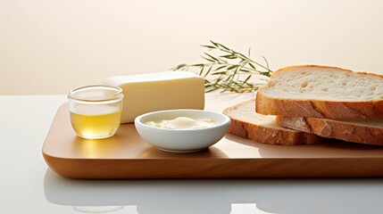 Wooden tray with a round of cheese, a slice of bread, and a jar of honey, AI-generated.