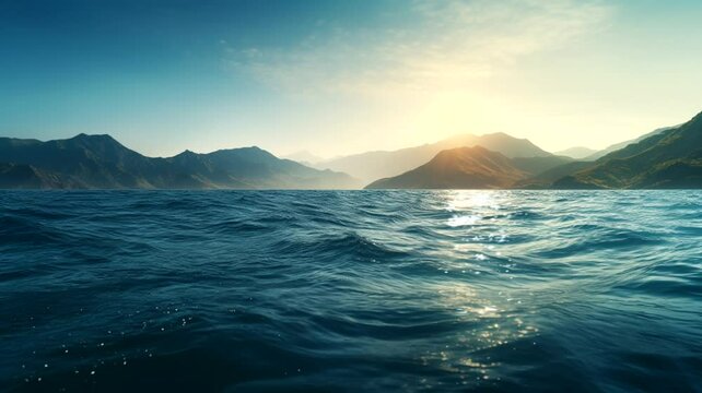 Sunset sea scene with mountain background, 4k animated virtual repeating seamless	
