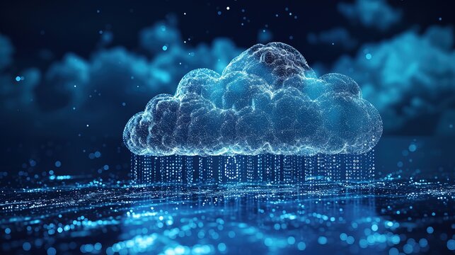 An abstract visualization of cloud computing, with a digital cloud raining data over a networked landscape, symbolizing data transfer and cloud technology.