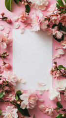 Stylish blank paper card mockup with spring flowers and petals. Luxury greeting card design concept. Generative AI