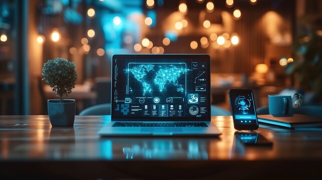 A sophisticated setup with a laptop and smartphone displaying global network activity, amidst a cozy caf&eacute; ambiance with warm lighting.