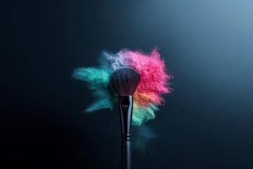 A makeup brush with a black handle is captured in motion, with a burst of colorful powder in shades of blue, green, pink, red and yellow against a black background