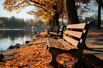 AI generated illustration of a bench in a park near a river in autumn
