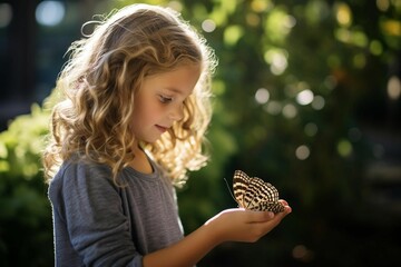 a little girl holding a butterfly in her hand and looking at the flower she left - obrazy, fototapety, plakaty