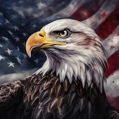 AI generated illustration of a majestic bald eagle with a waving American flag fluttering behind