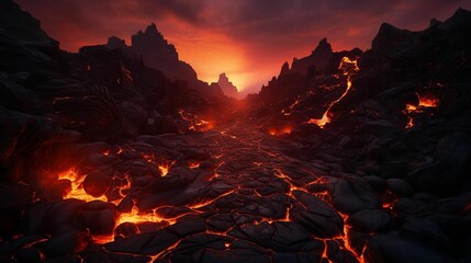 AI generated illustration of a rocky terrain with an intense red glow radiating from lava pools