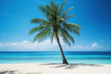 Idyllic beach scene with a lone palm tree, embodying serenity and tropical escape, AI Generative.