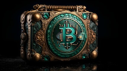 AI generated illustration of a suitcase with the bitcoin logo on it against a solid black background
