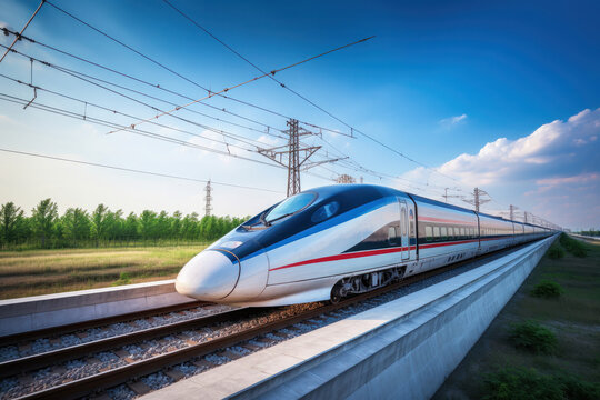 A high-speed train glides through the countryside, a marvel of modern engineering and efficient transportation, AI Generative.