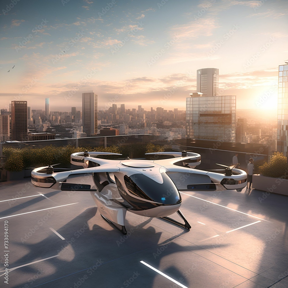 Wall mural ai generated illustration of a futuristic airplane on a rooftop with cityscape background at sunset